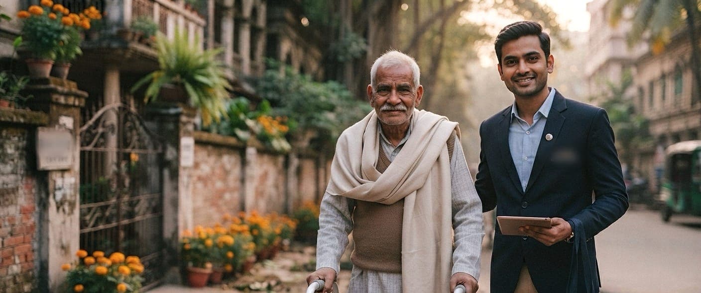 একজন গাইড ওয়াকার হাতে একজন বয়স্ক মানুষের সঙ্গে ঢাকার একটি গলিতে বাড়ির দিকে হাঁটছেন